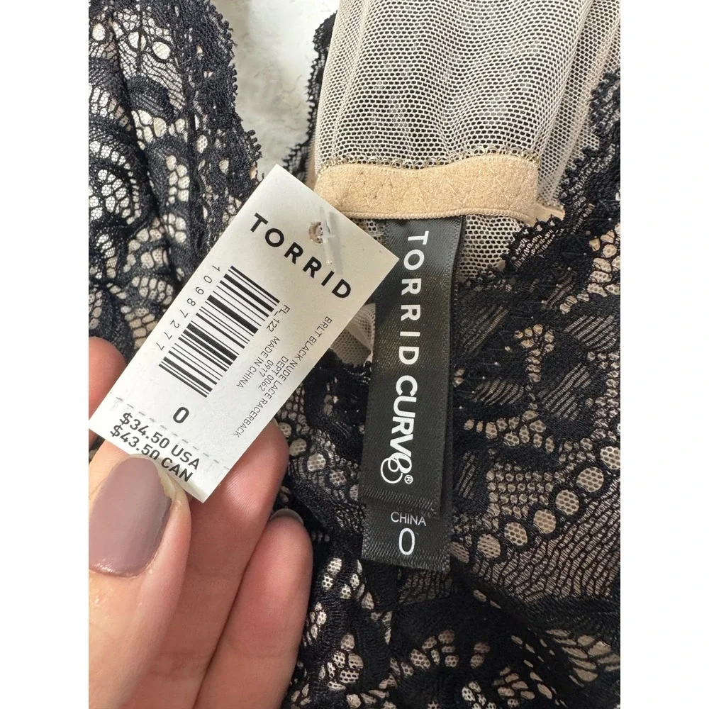 Torrid Curve Black Nude Lace Racerback Unlined Bralette Size 0 / Large‎ NEW